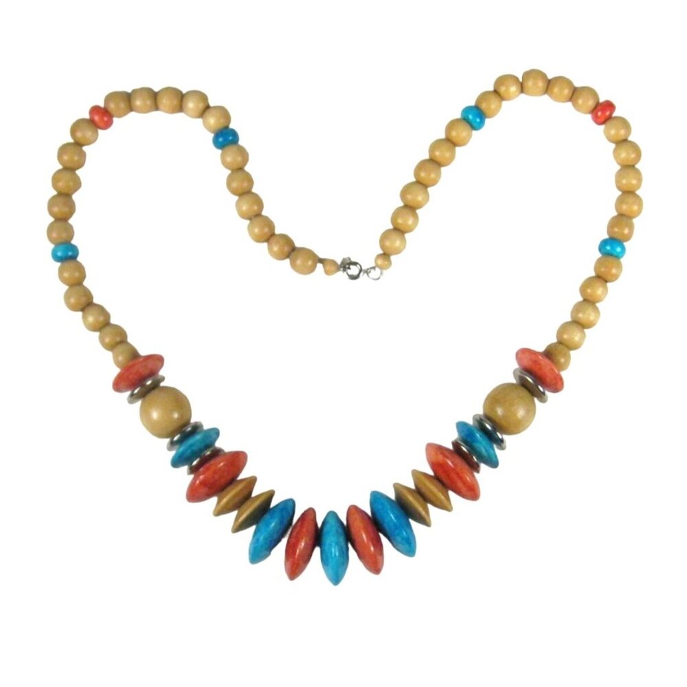 Wooden Dyed Beaded Necklace 25 inch Chunky Statement Strand Boho Bead READ